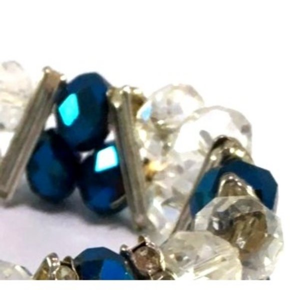Double Strand Clear and Peacock AB Crystal Stretch Bracelet Silver Tone Spacers - Picture 2 of 3